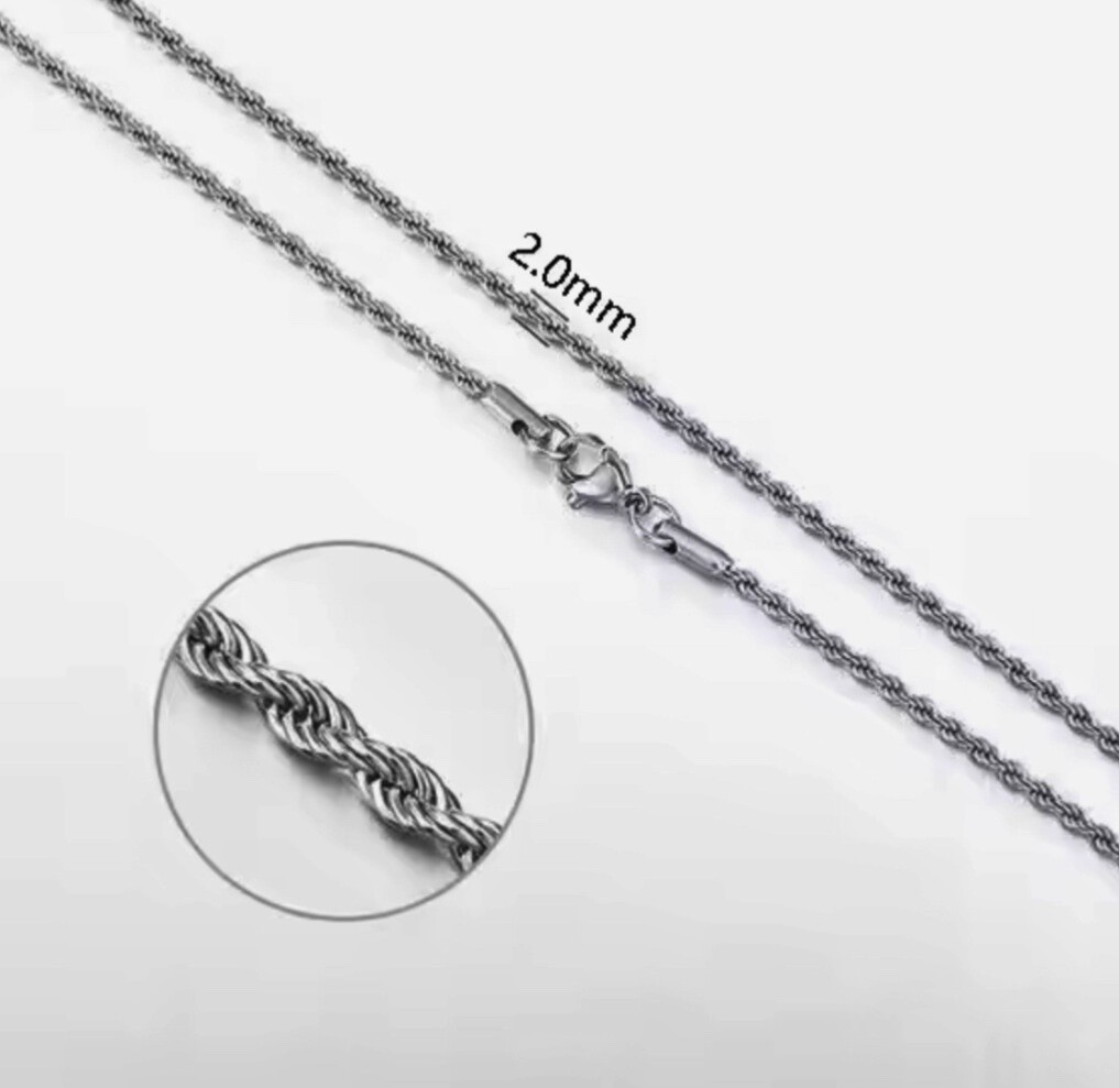 925 Sterling Silver Rope Link Chain Necklace–Unisex, Stainless Steel, Plated