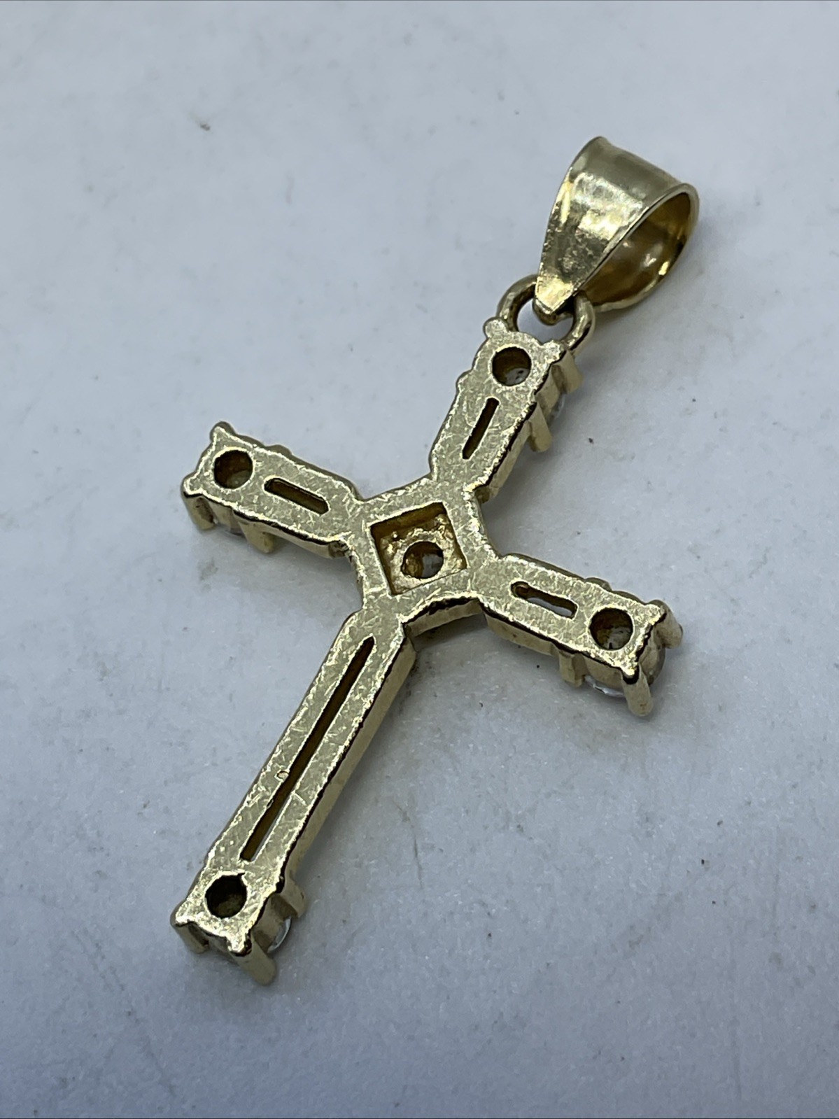 CROSS Charm Pendant (30mm x 17mm) Solid 13K Yellow Gold White CZ HANDMADE 2gr.