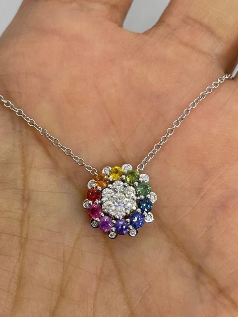 1.20Ctw Round Lab Created Multicolor Flower Pendant 14K White Gold Plated Chain