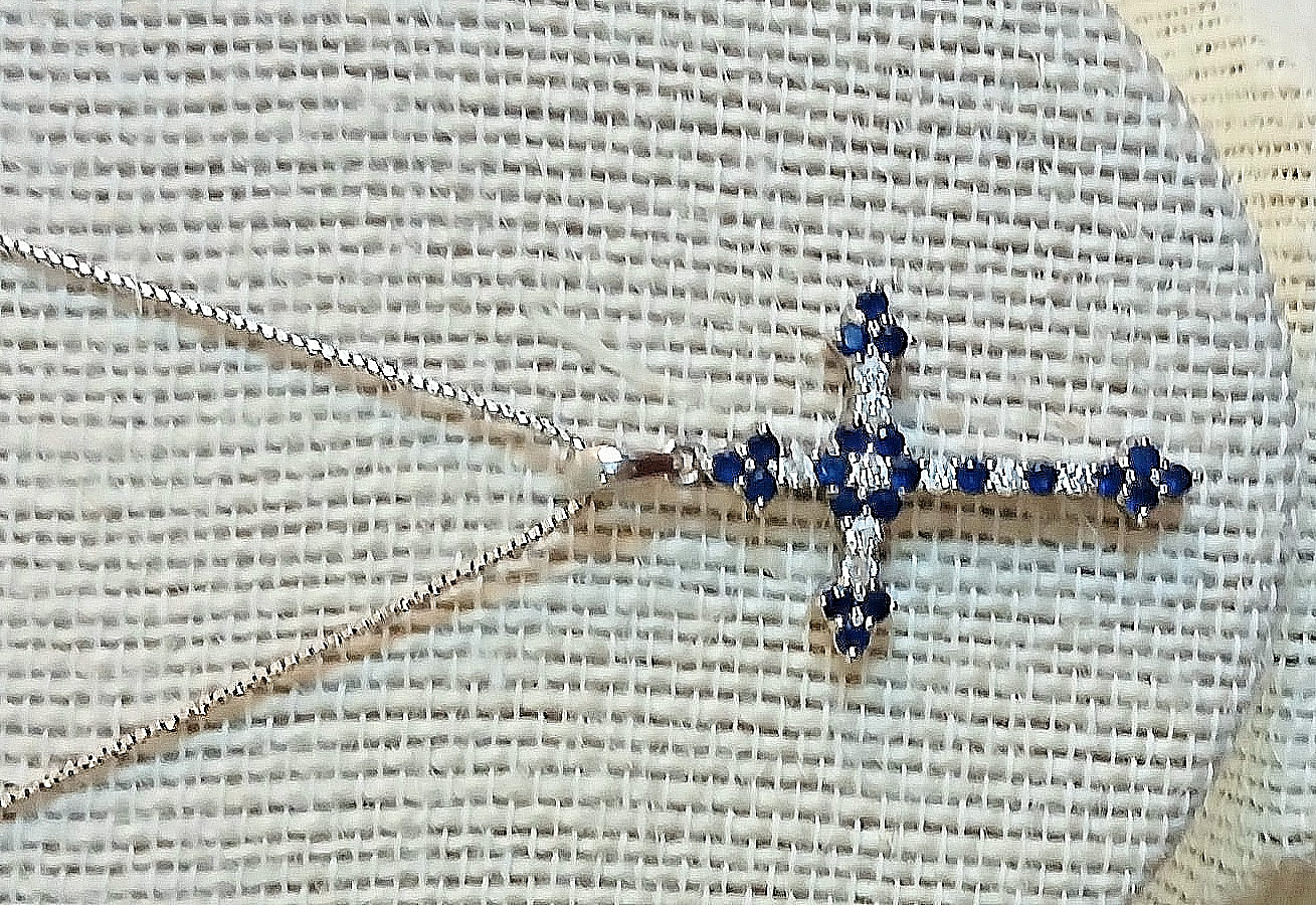1.20Ct Round Cut Blue Sapphire Cross Pendant 14K White Gold Finish Free Chain