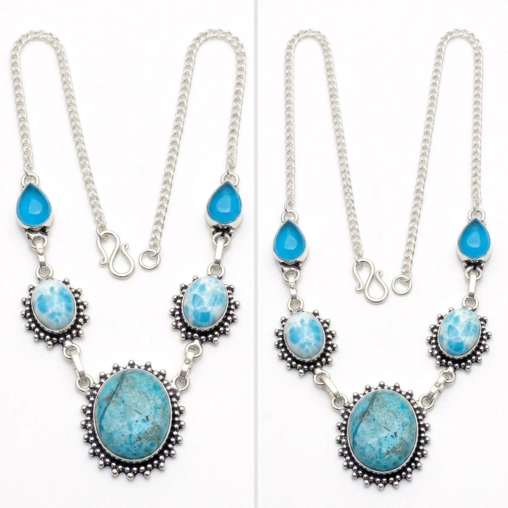 Natural Turquoise, Larimar Necklace 925 Sterling Silver Women Gift Jewelry S-18