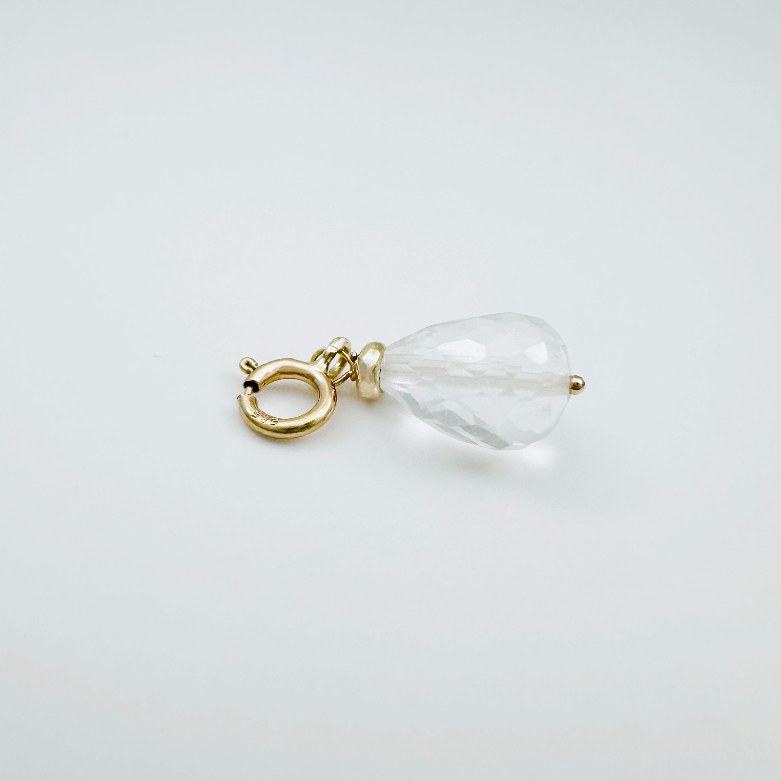 14K Solid Yellow Gold Small Clear Quartz Briolette Charm Pendant w/Spring Clasp