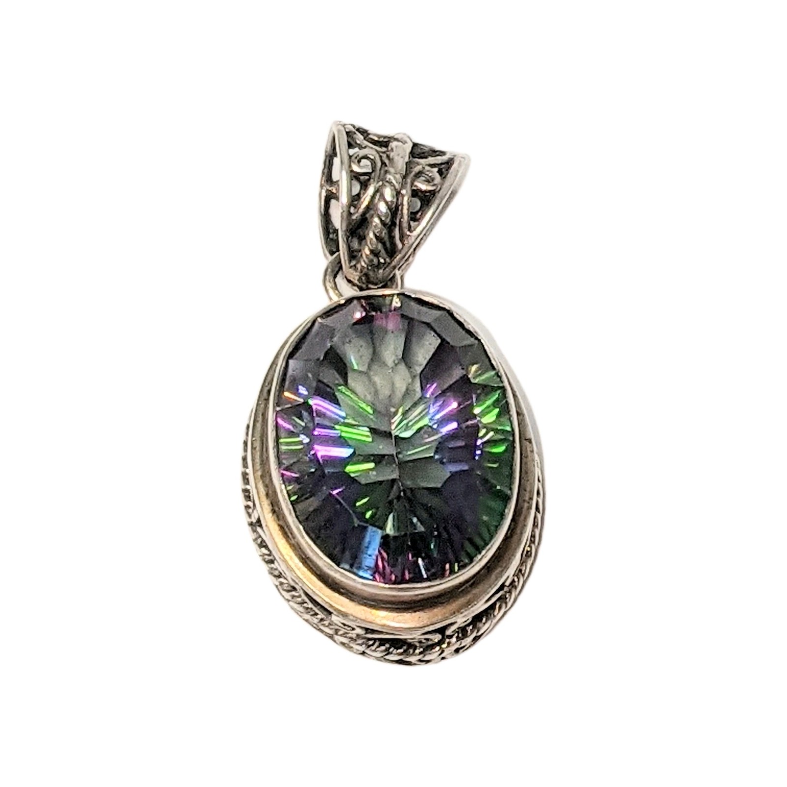 22.8ct Quantum Cut Bezel Set Mystic Topaz Sterling Silver Filigree Pendant 1.5″