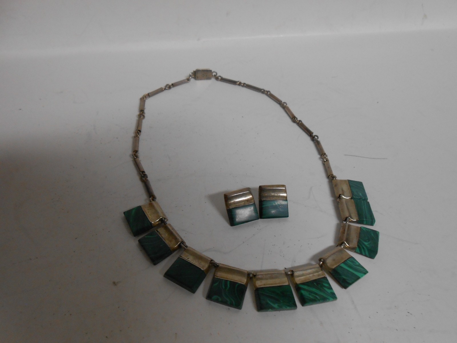 Vintage CII Mexico 925 Sterling Silver Necklace Choker Malachite match Earrings