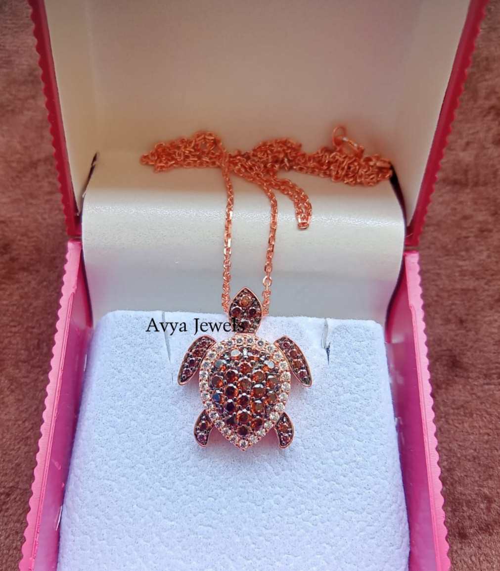 2 CT Round Brown Diamond Aloha Turtle Sea Pendant Necklace 14K Rose Gold Plated