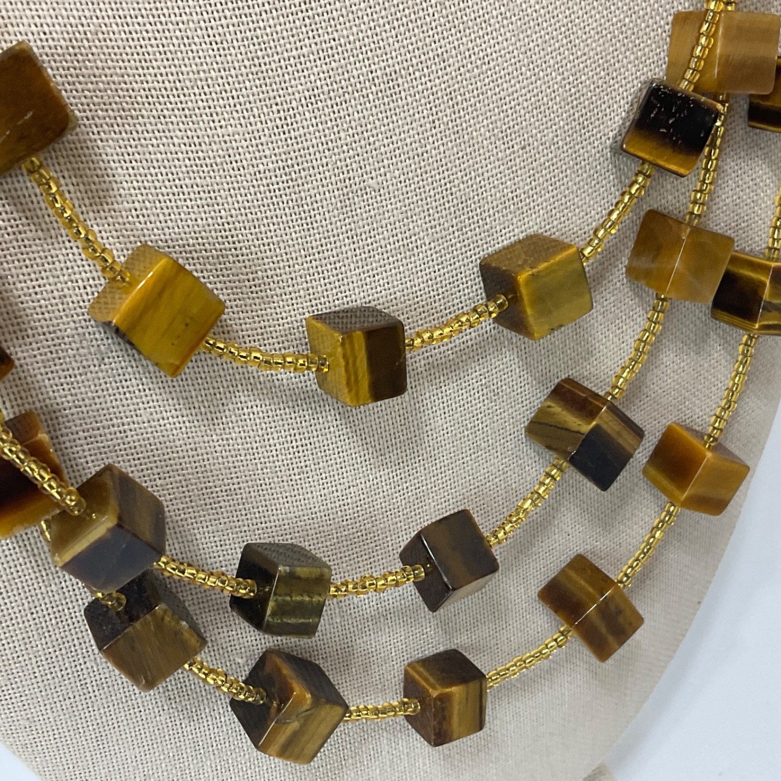 Genuine Tiger’s Eye Cube & Golden Bead Necklace Sterling Silver Toggle 64″ Long