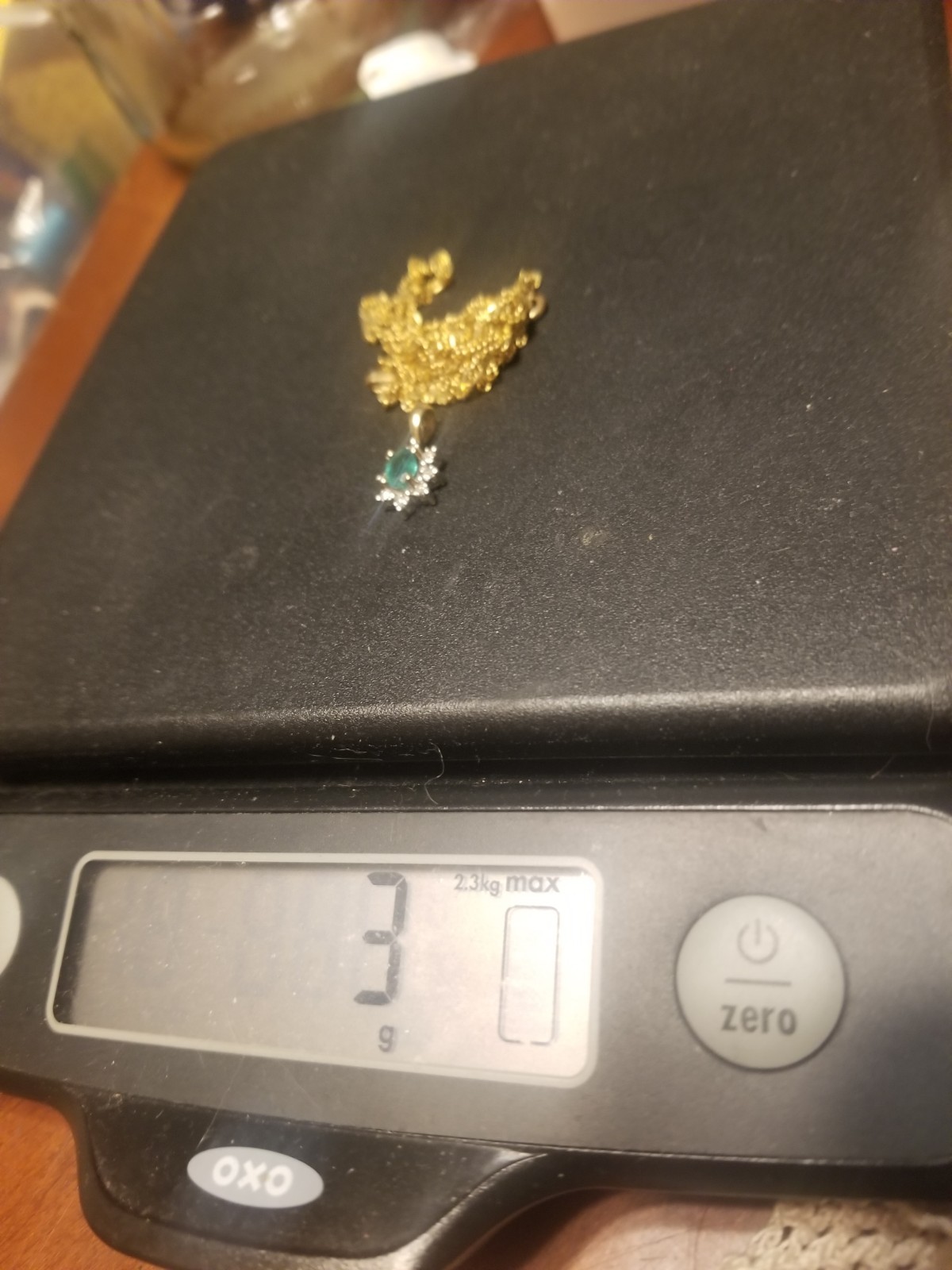 14k Gold Necklace & 10k Gold Emerald Pendant. 3 grams 20″ Yellow Gold Necklace