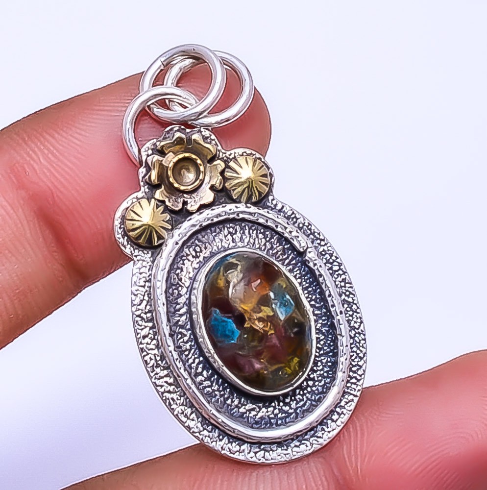 Multi Colour Tourmaline – Brazil 925 Sterling Silver Two Tone Pendant 1.64″ P23