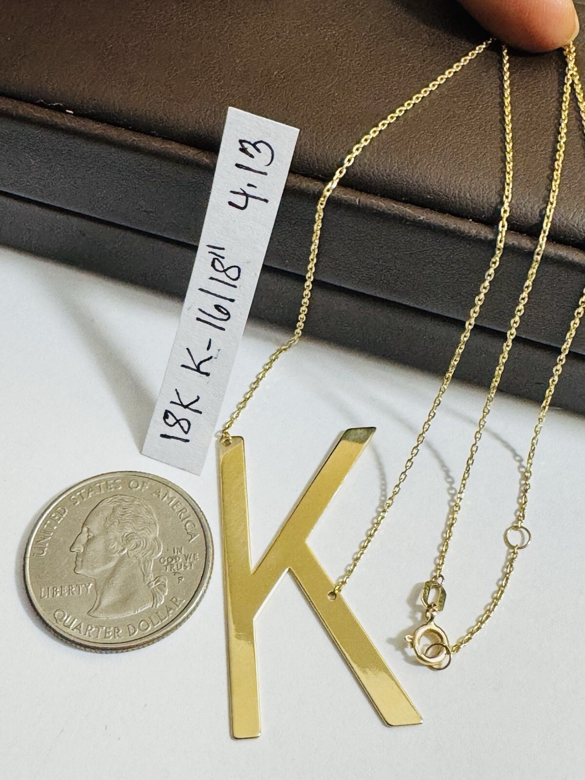 18K 750 18C Gold Letter K initial Necklace 16.5/17.5” Long 1mm 4.1g