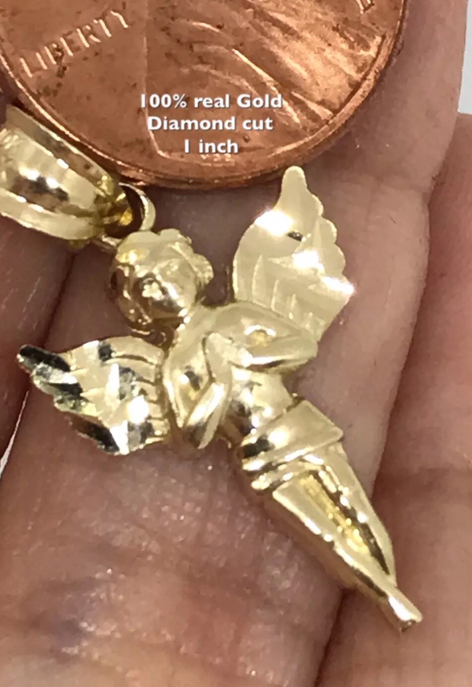 GOLd Angel pendant 10k Solid charm Necklace Baby Pray Small dainty Gift 1″