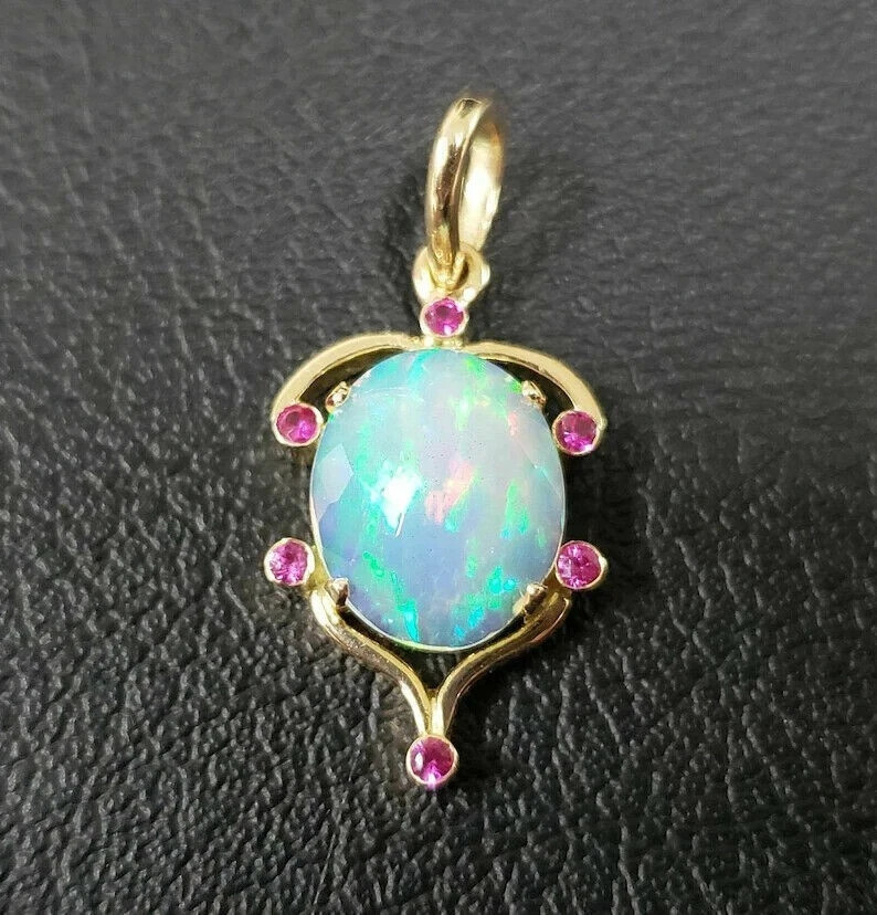 3Ct Oval Opal Ruby Diamond Solitaire Pendant With Chain 14K Yellow Gold Finish