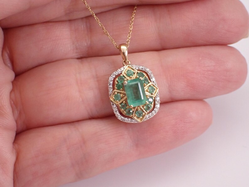 2.2Ct Emerald Cut Lab Created Emerald Halo Pendant 14K Yellow Gold Plated Silver