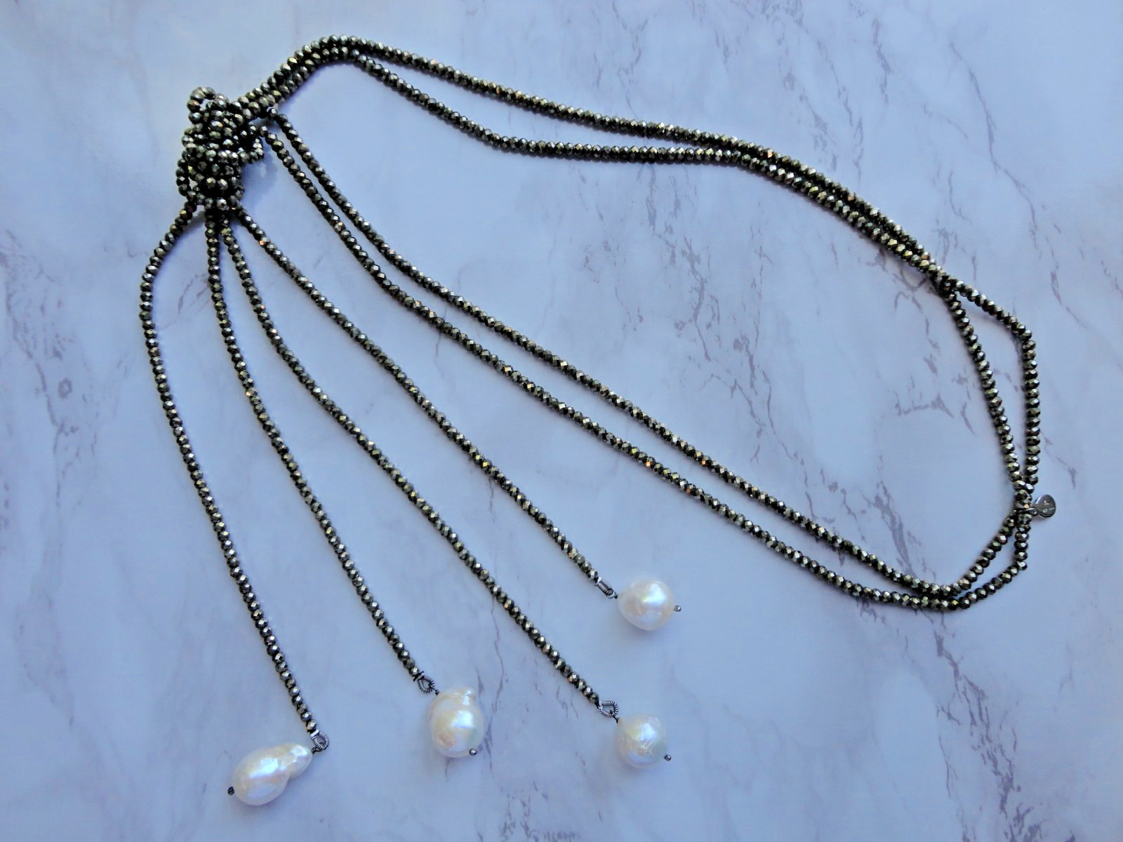VTG ESTATE 925 INDIA BAROQUE PEARL PYRITE LARIAT BEADED DOUBLE NECKLACE 44″