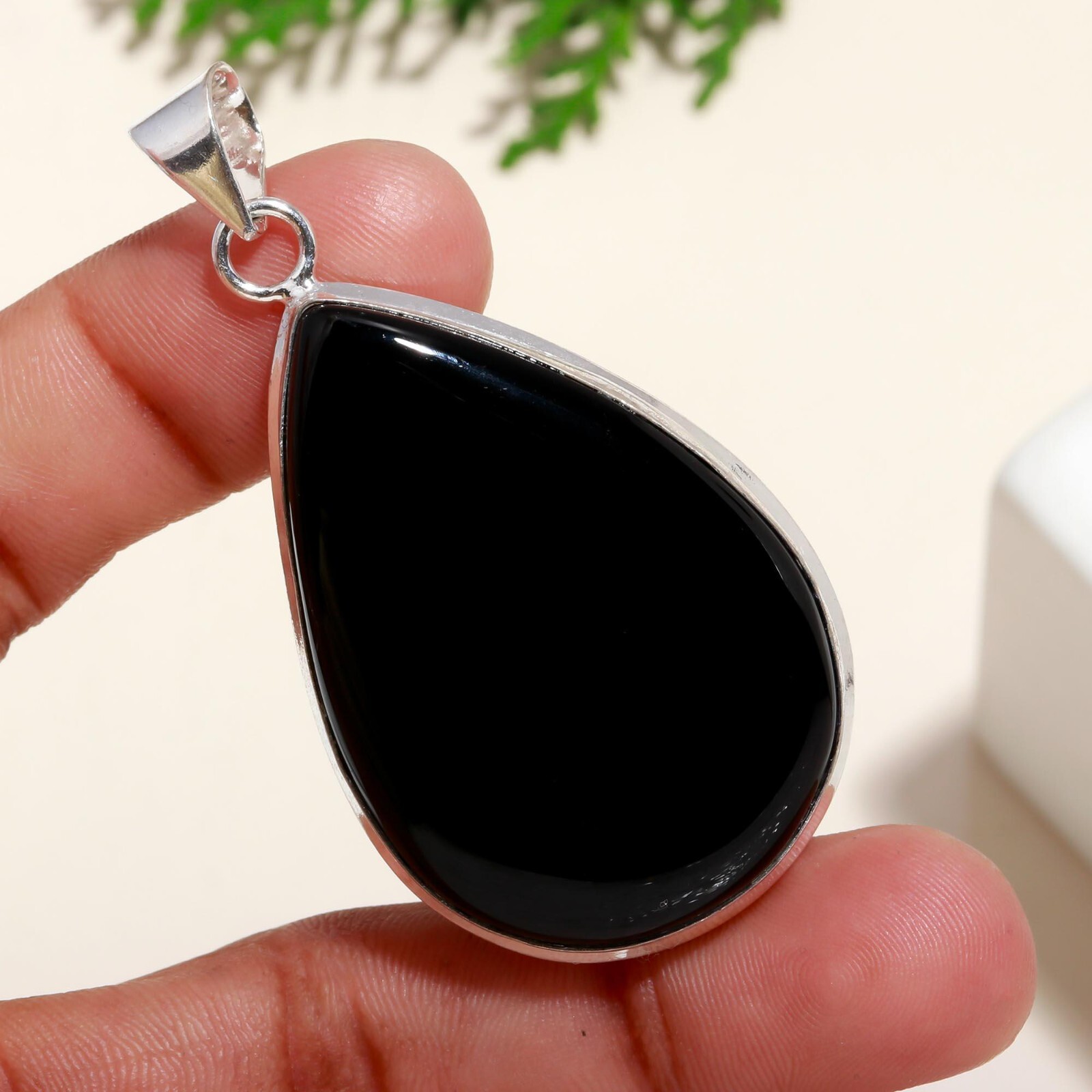 Black Onyx Natural Gemstone Jewelry Handmade 925 Sterling Silver Pear Pendant