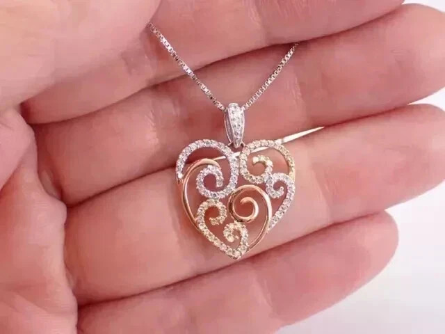 1Ct Round Cut Real Moissanite Heart Art Deco Pendant 14K Two Tone Gold Plated