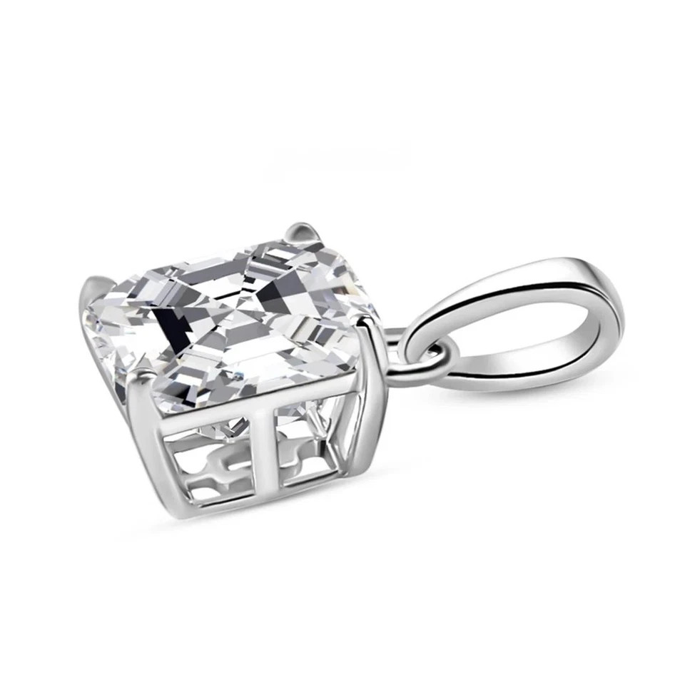 3Ct Asscher-Cut Moissanite Solitaire Necklace Pendant 14K White Gold Plated
