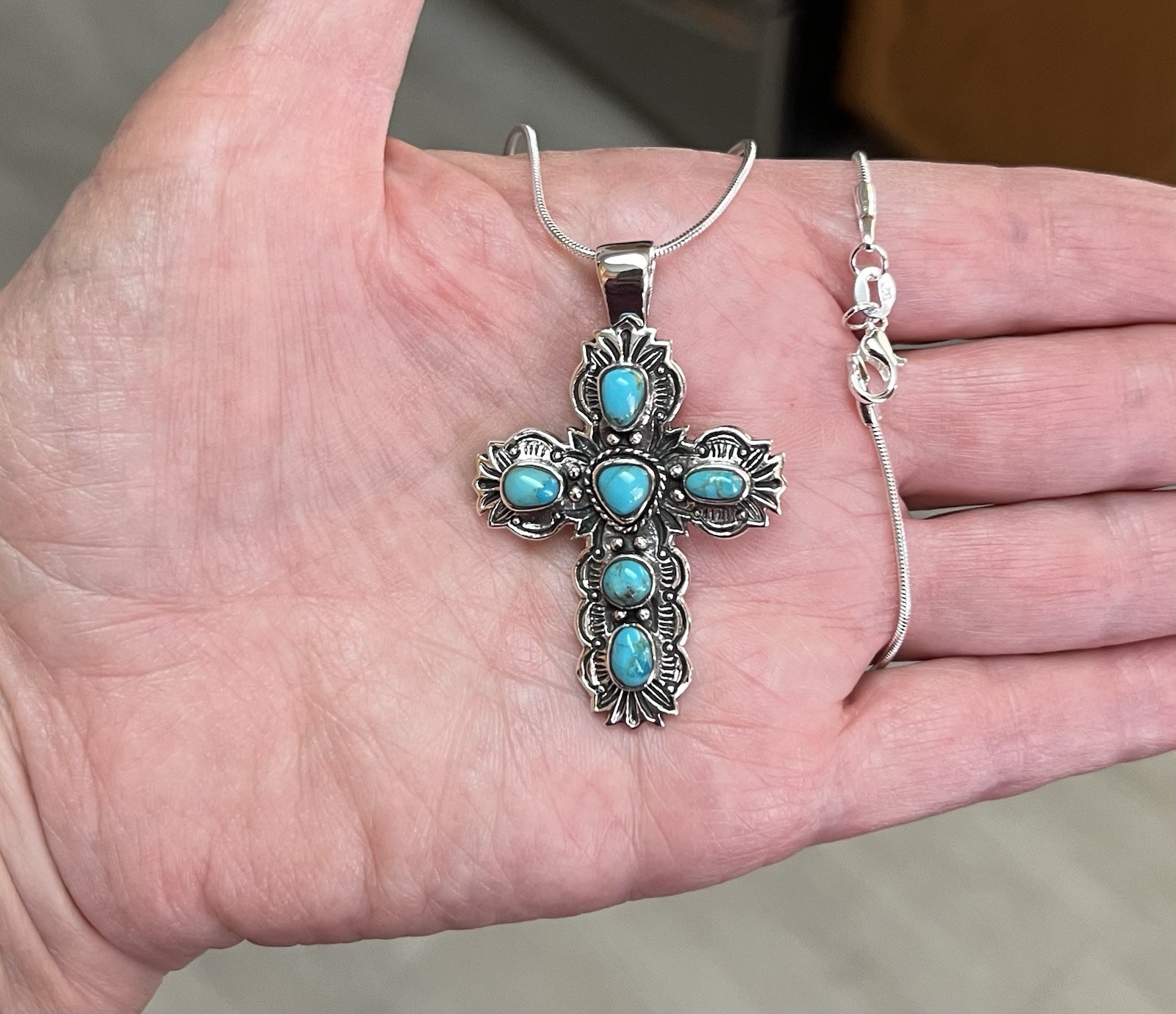 Sterling Silver Genuine Turquoise Cross Pendant & 20” SS Necklace Gorgeous!!🩵⭐️