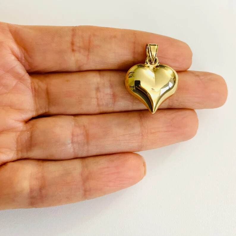 14K Gold Puffy Heart Charm Pendant, 14k Real Solid Gold 3-D Heart Pendant-14KC29