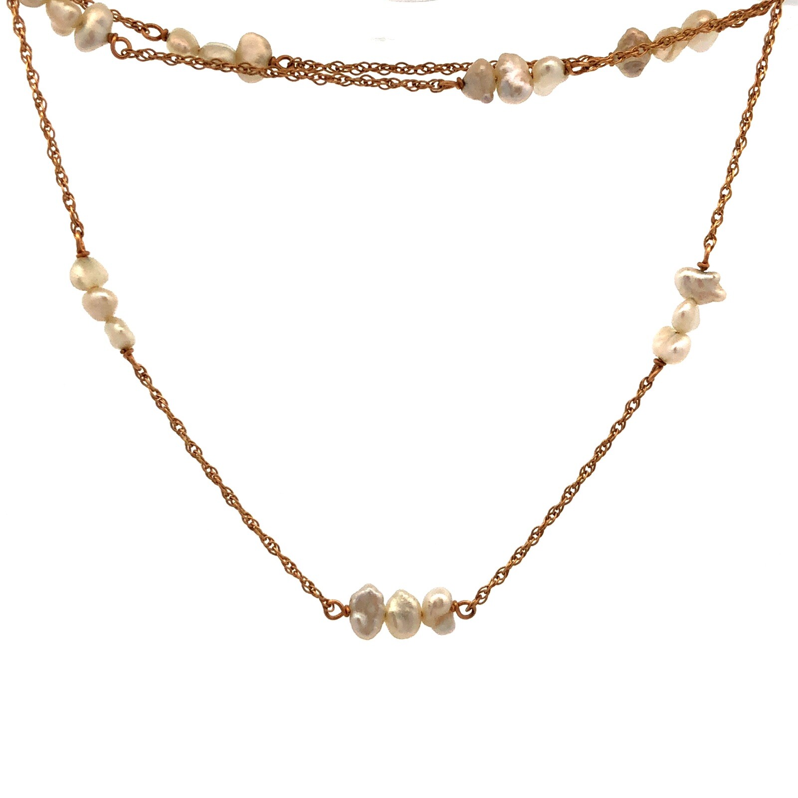 Estate 14K Yellow Gold Keshi Pearl Beaded Chain Station Necklace