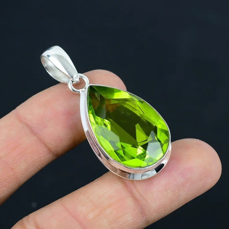 Handmade Green Peridot Pear Gemstone Pendant: 925 Sterling Silver Jewelry