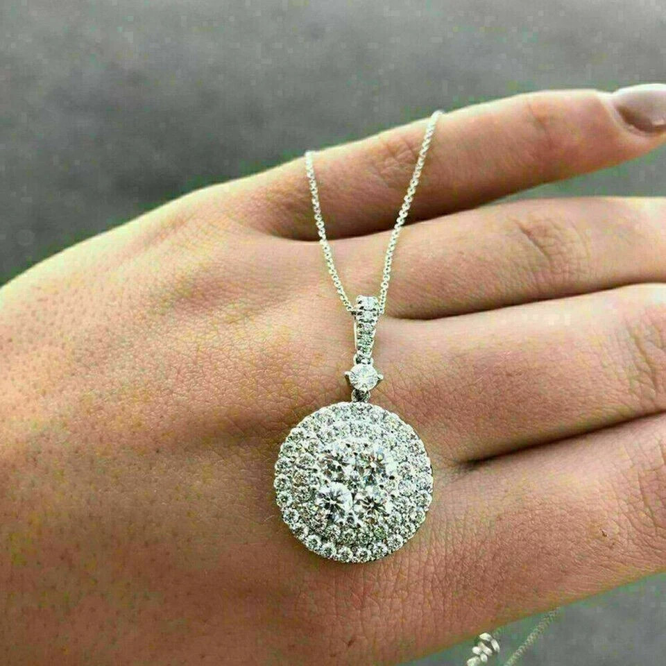 2Ct Round Cut VVS1 Diamond Cluster Pendant 14K White Gold Finish Free Chain