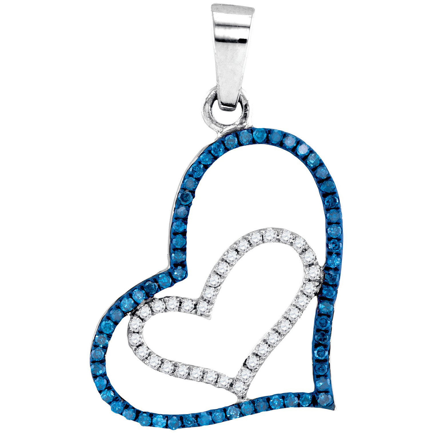 10k White Gold 1/4Cttw Blue Color Enhanced Diamond Double Heart Pendant
