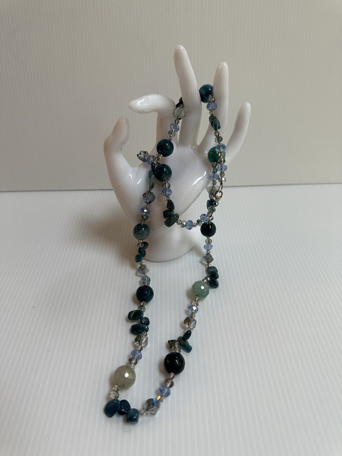 925 STERLING SILVER CLASP CHRYSOBERYL INDICOLITE STONES GREEN BLUE 34” NECKLACE