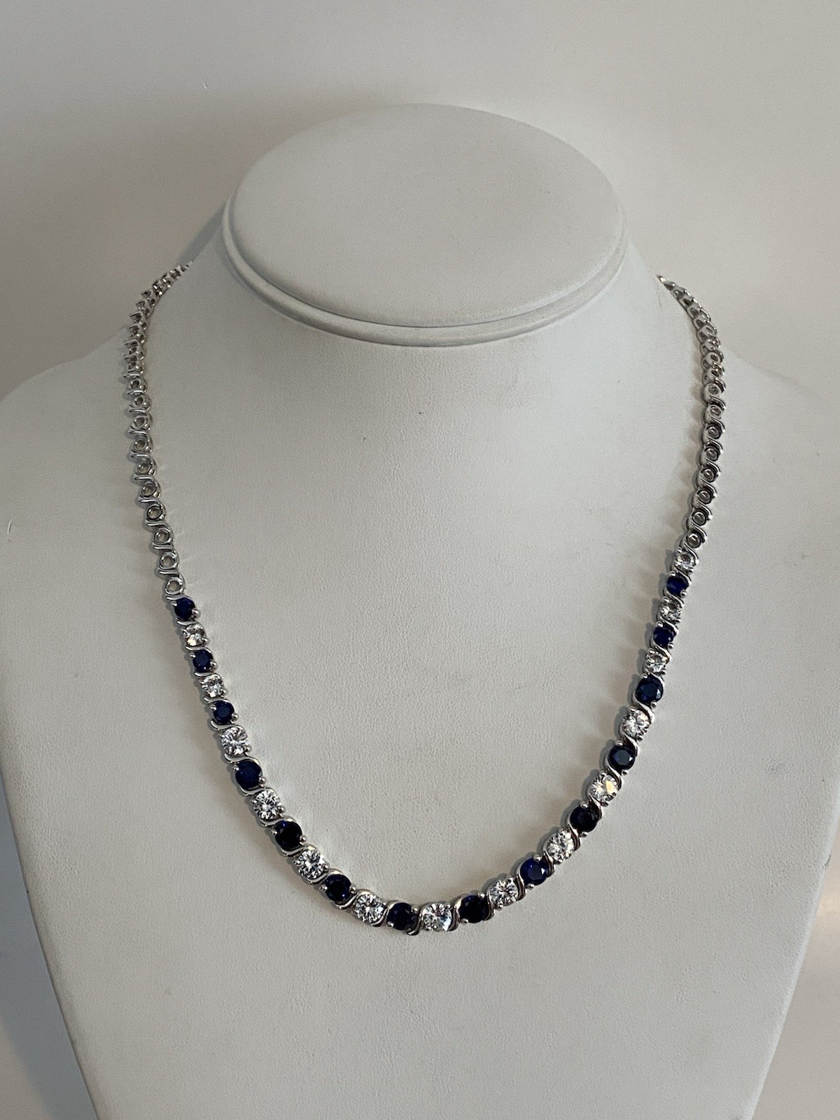 925 Sterling Silver Lab Created Blue & White Sapphire Tennis Necklace Signed EMA
