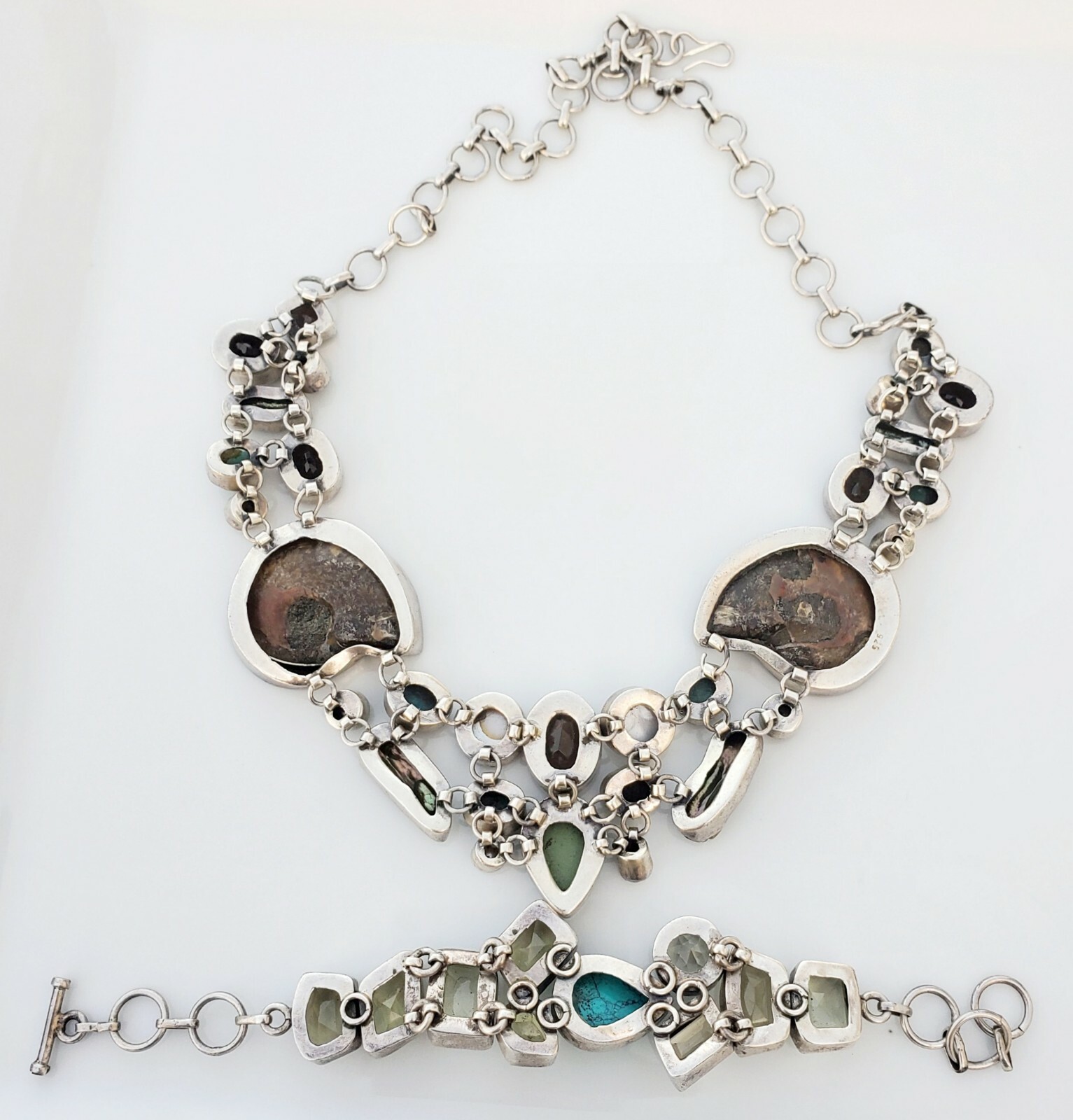 925 Silver Statement Necklace & Bracelet Turquoise Smokey Quartz Fossil Pearl