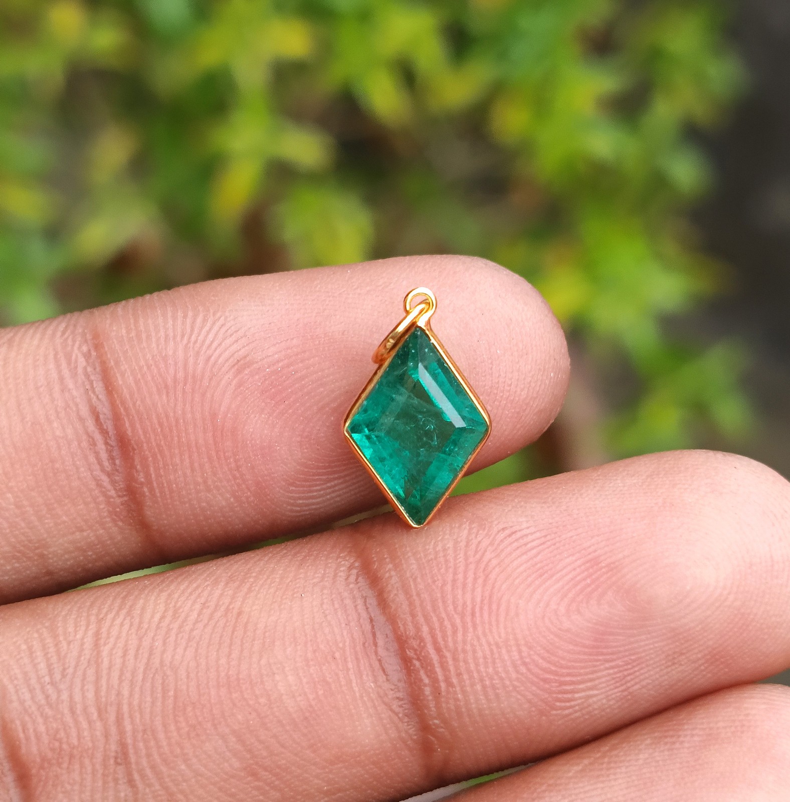 Emerald Gold Pendant, 18k Solid Gold Charm Handmade Necklace Gemstone Pendant