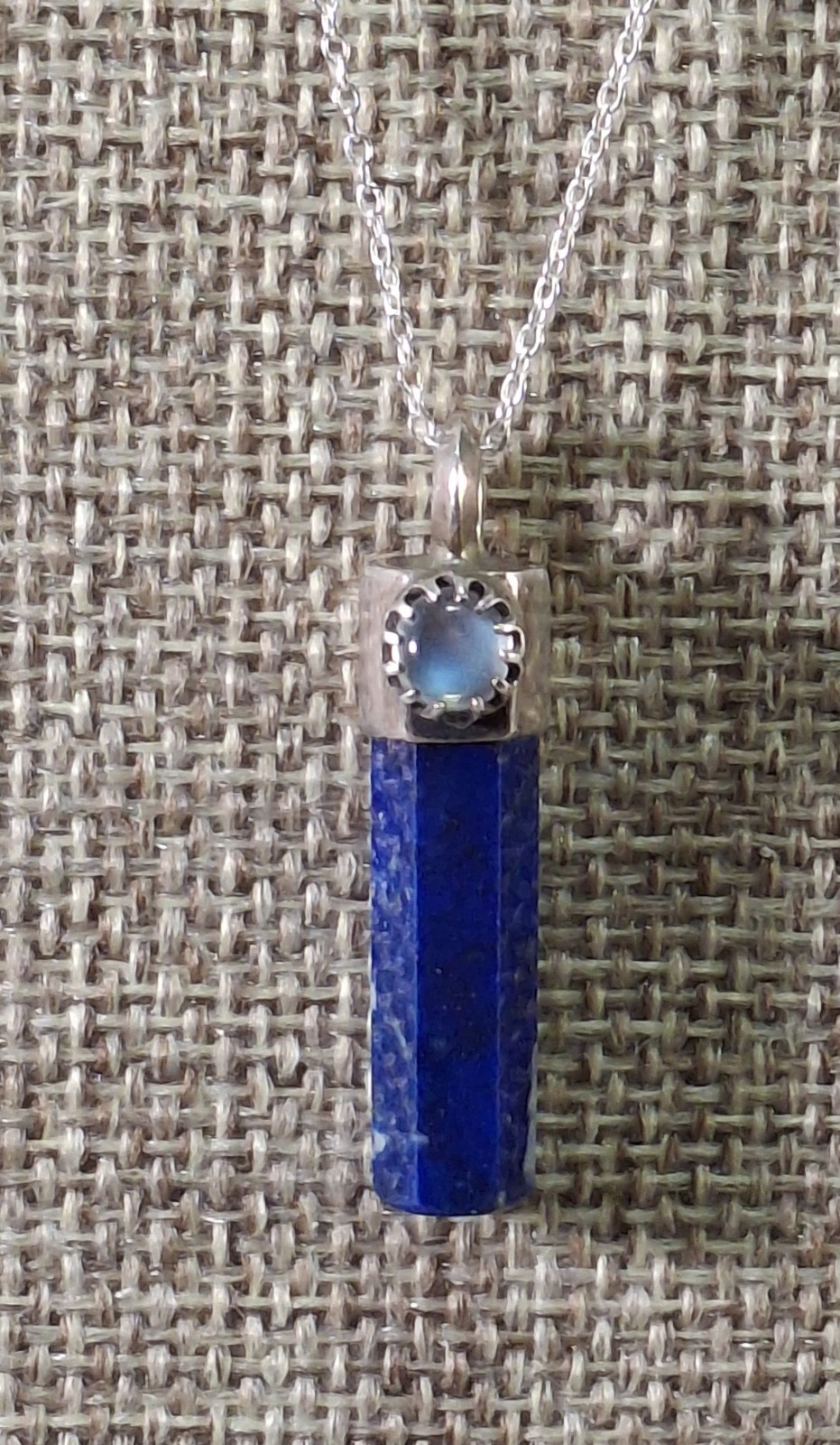 Vintage Sterling Silver Deep Blue Lapis Lazuli Point Moonstone Pendant Necklace