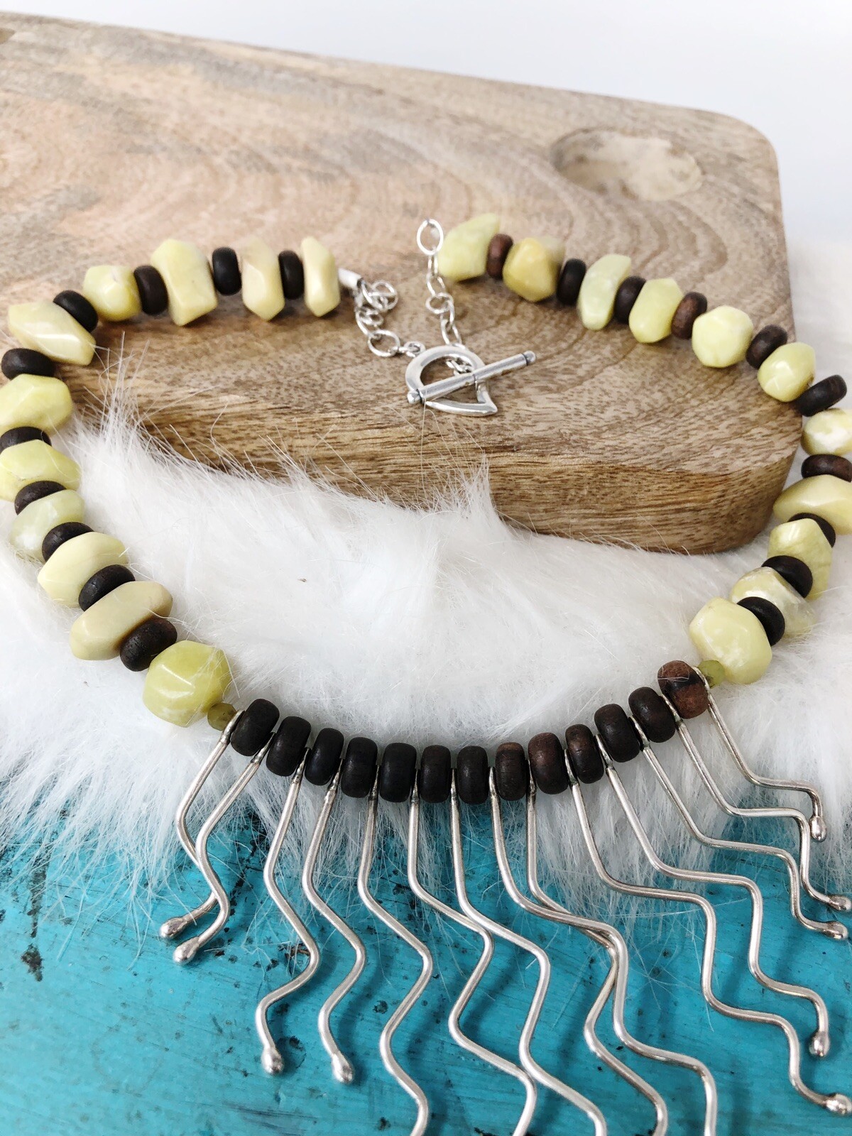 Vintage Tribal Jade Wood Wavy Sterling Silver Asymmetrical Dangles Necklace 18″