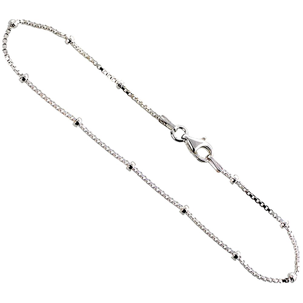 Sterling Silver 1.4mm Box Chain Beads Station Necklace Nickel Free Italy