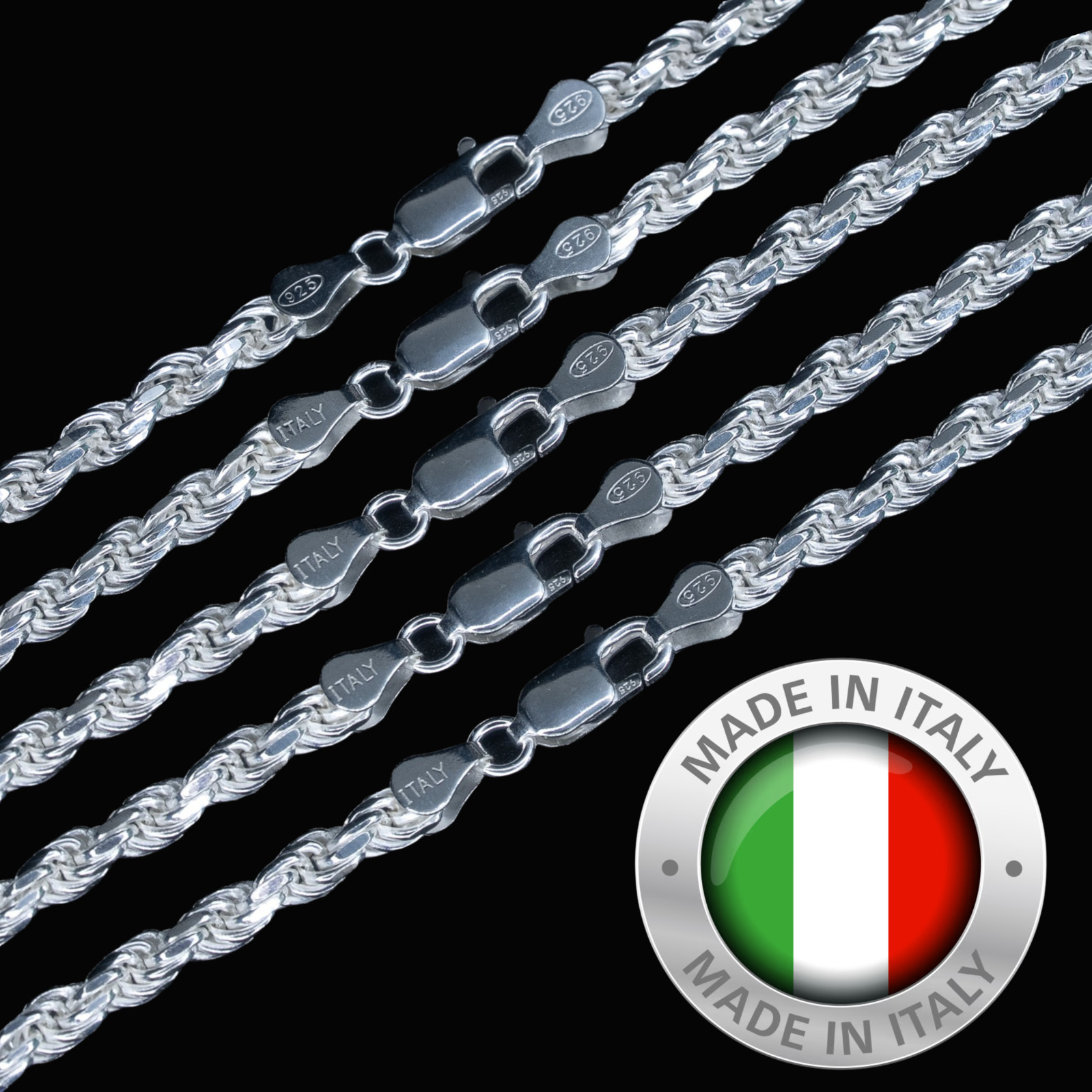 Classic Rope Chain Real Solid 925 Sterling Silver 4mm 18″ – 26″ Necklace ITALY