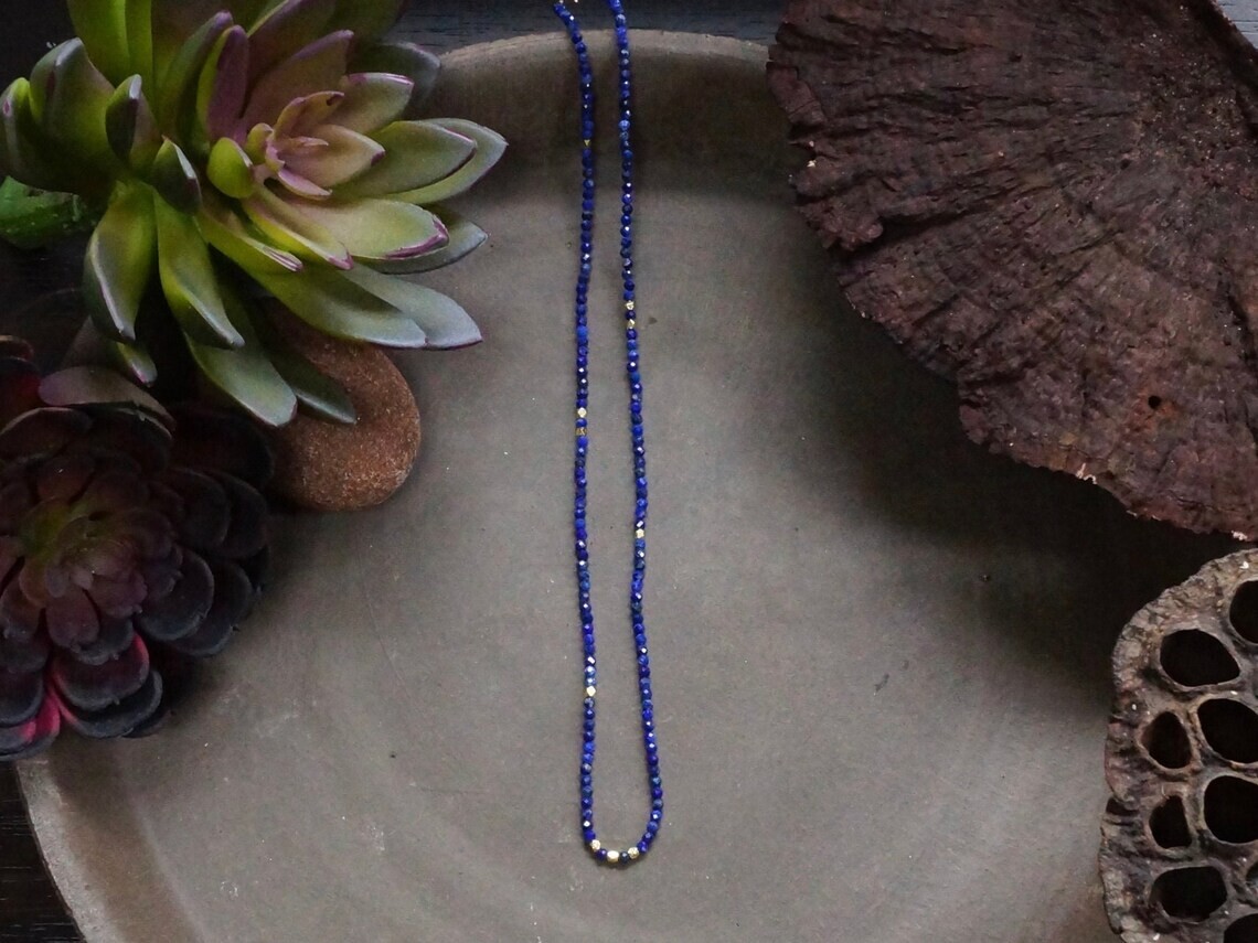 A++ Natural Blue Lapis Lazuli Faceted Round Gemstone Beads 18″ Handmade Necklace