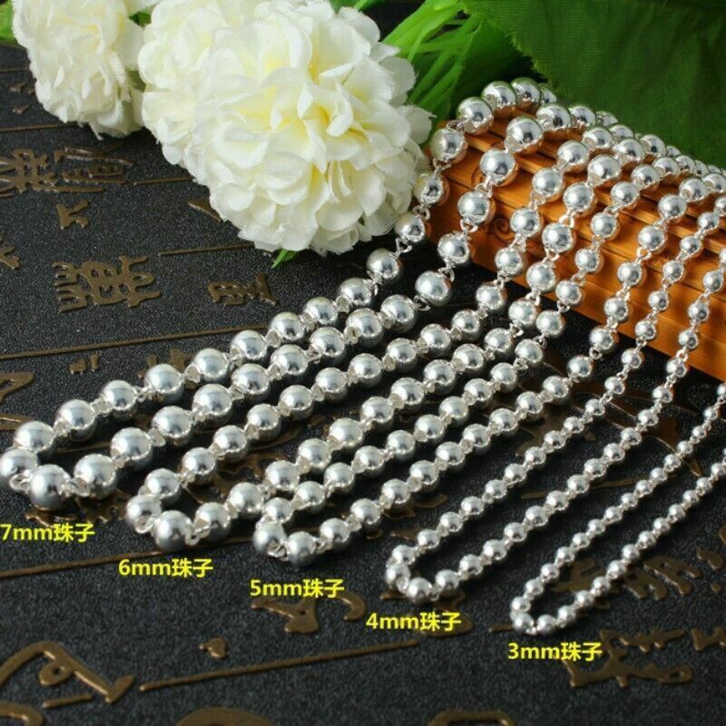 Pure 999 Fine Silver Necklace Women Men Polish Beaded Link Sweater Chain 18-30in