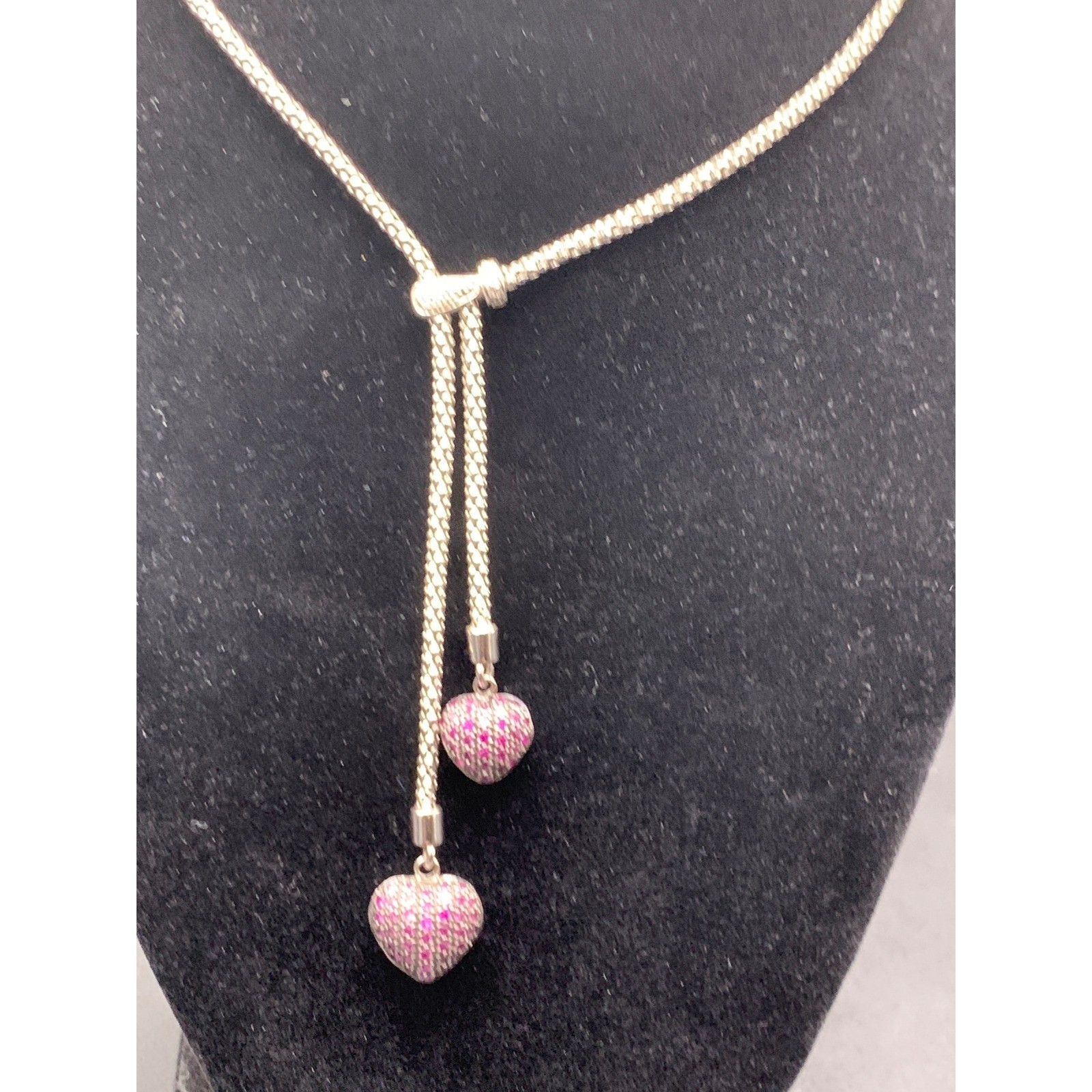 Sterling Silver Pink Pave Heart Lariat Necklace Popcorn Chain Filigree 925 18in