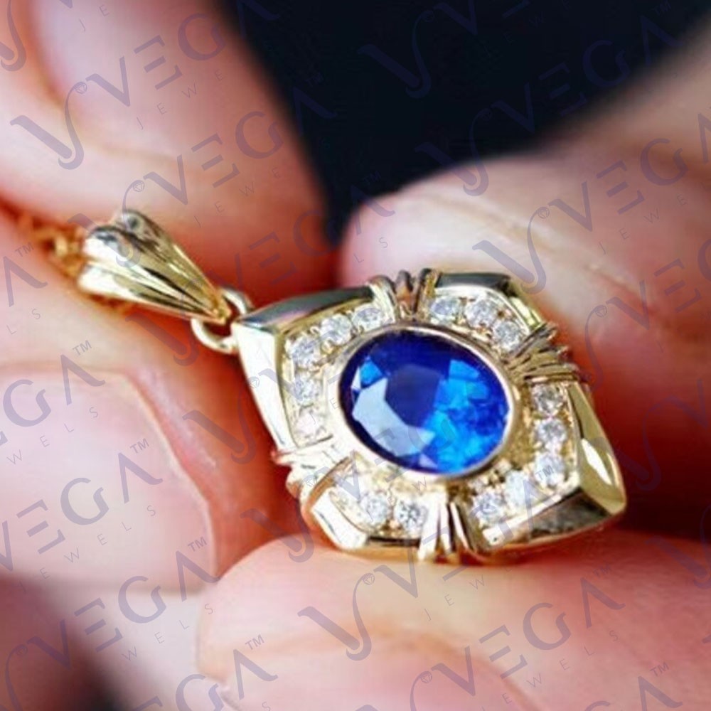 6.00ct Oval Natural Blue Sapphire Diamond Solid 14K Yellow Gold Pendant No Chain