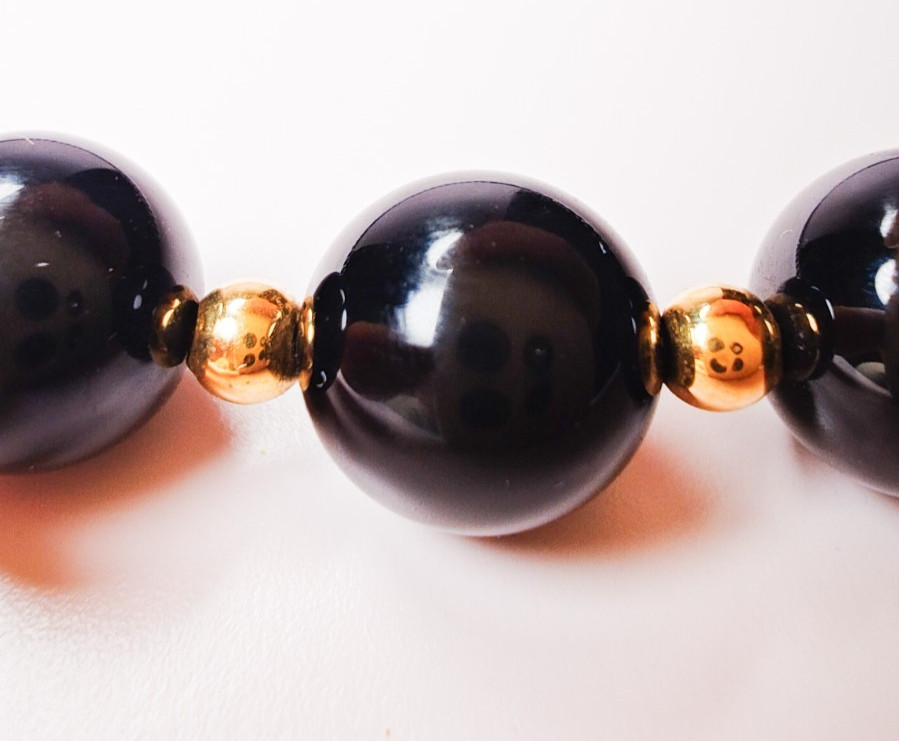 14K Yellow Gold Black Onyx Beaded Ball Necklace 29″ Long Estate 52.23g Vintage