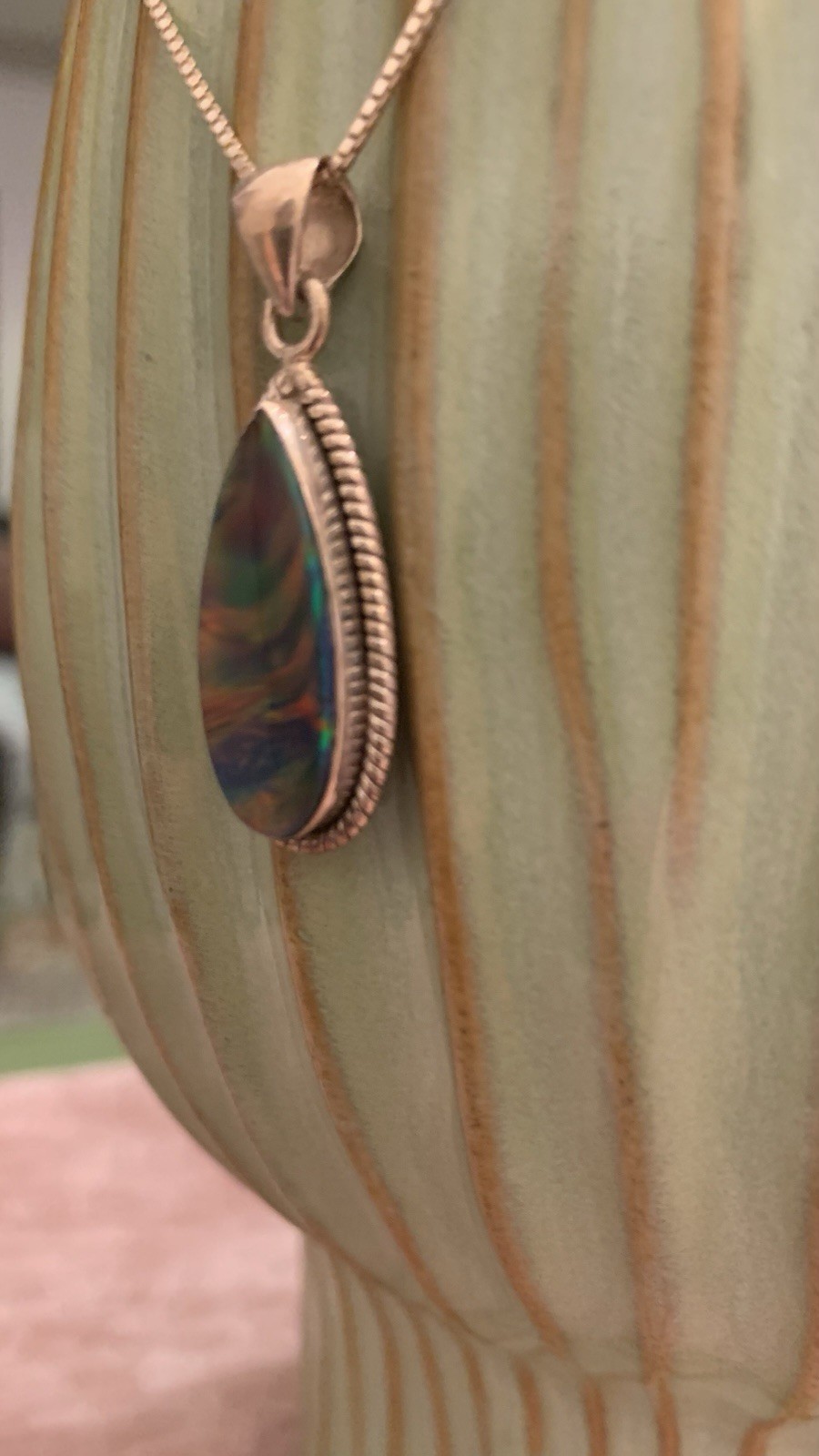 Teardrop Multicolor Rainbow Green Orange Fire Pendent With Chain 925 Italy