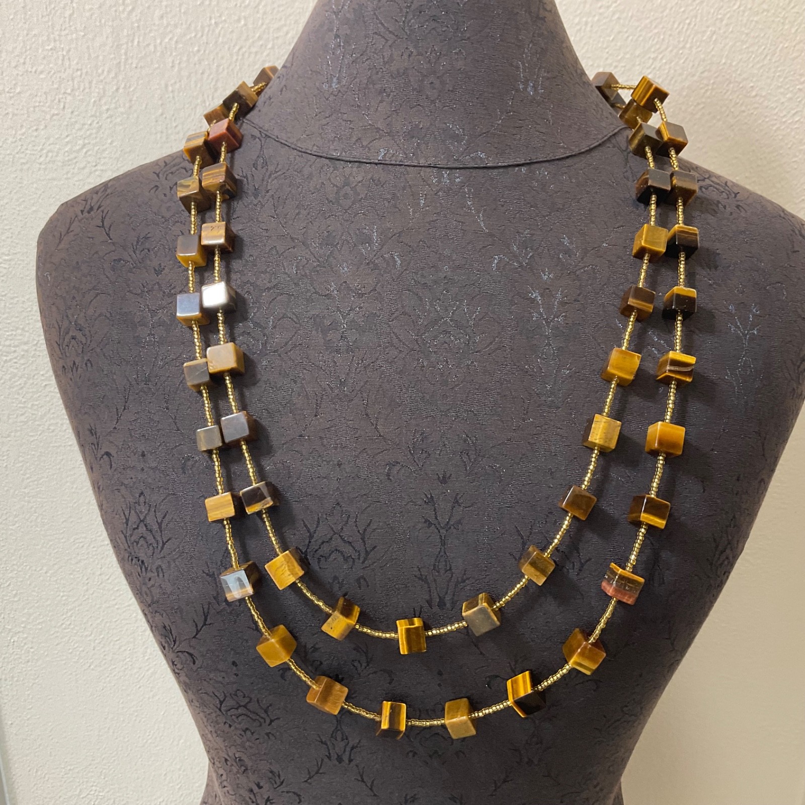 Genuine Tiger’s Eye Cube & Golden Bead Necklace Sterling Silver Toggle 64″ Long