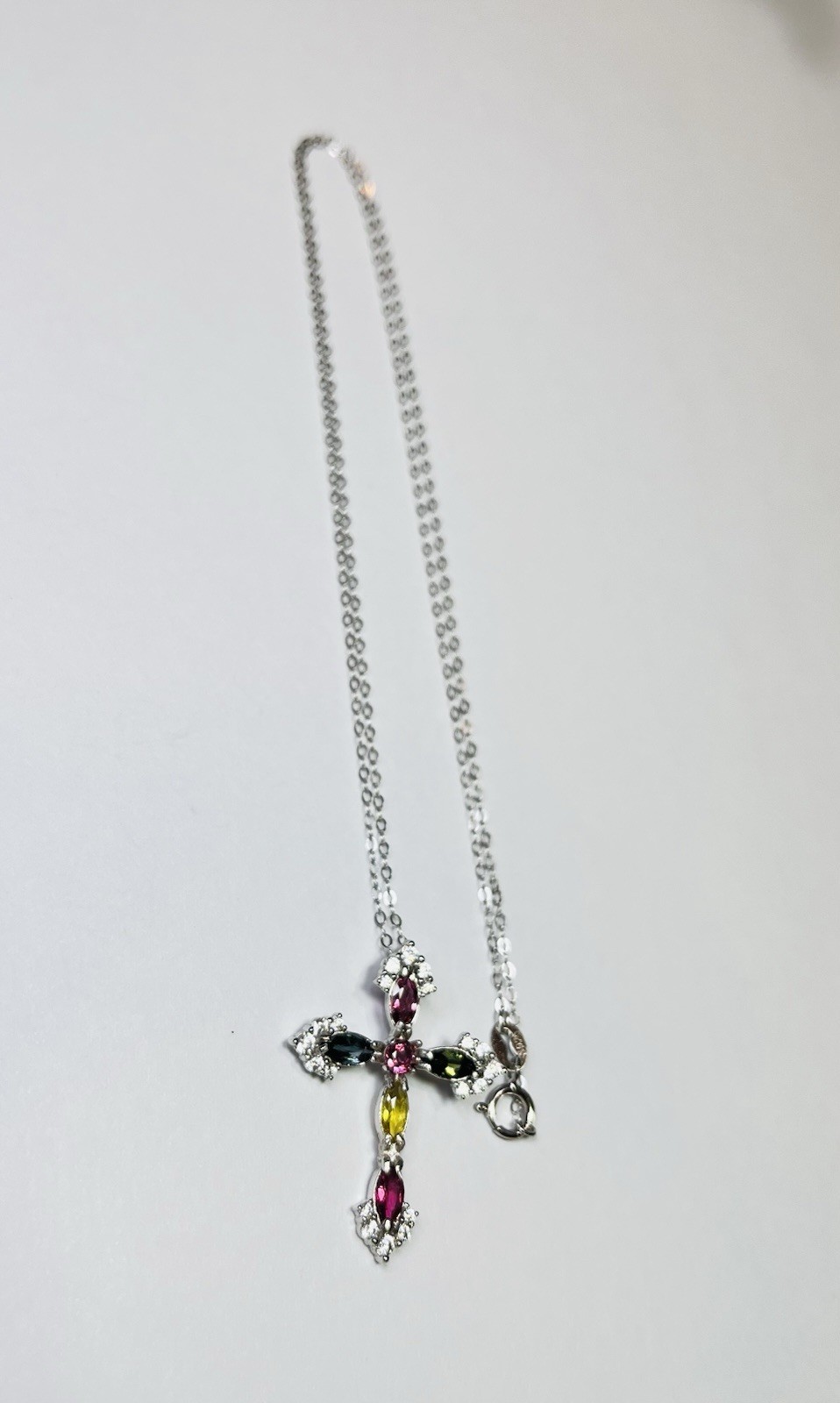 925 Sterling Silver Tourmaline Pink Green Blue Yellow Cross Pendant Necklace