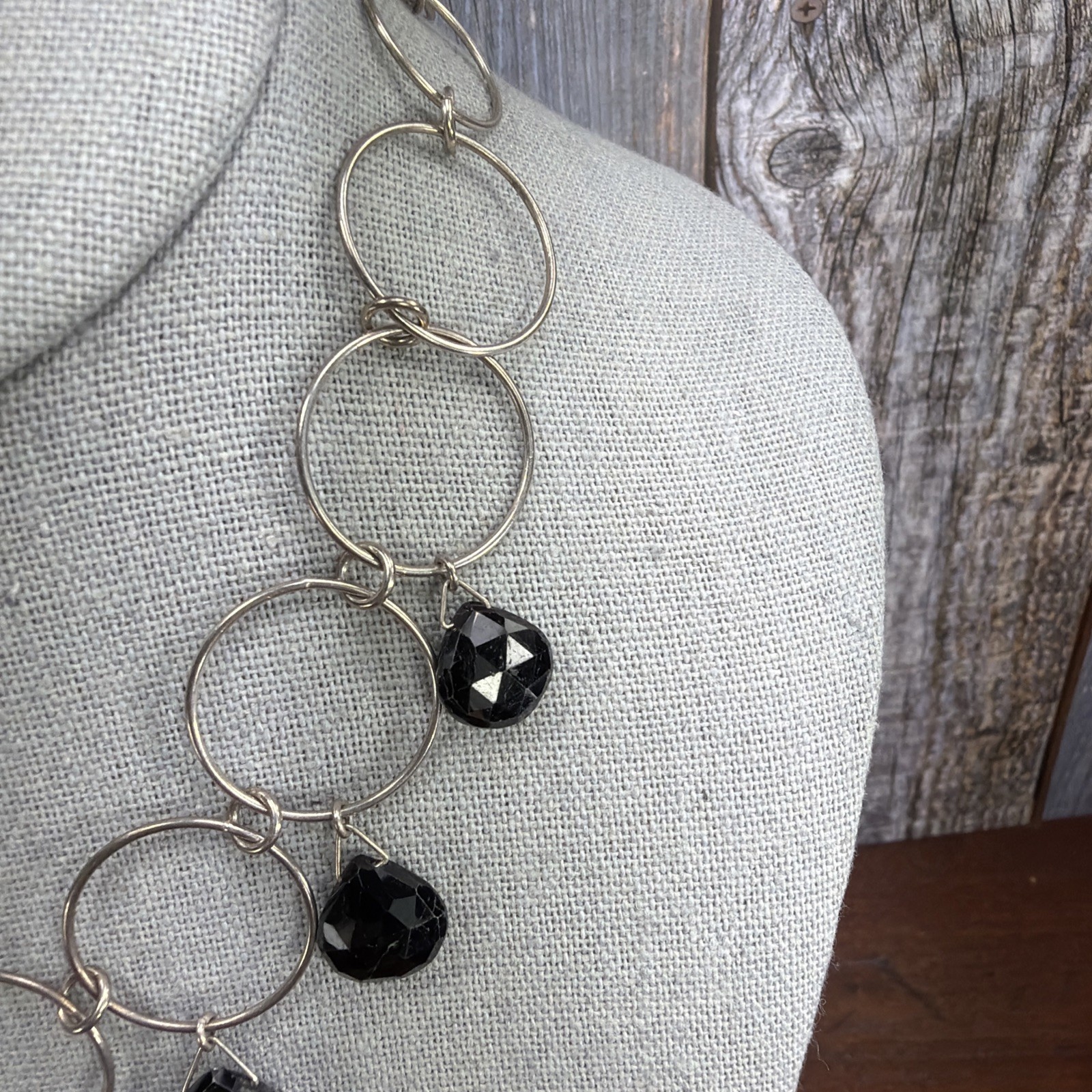 CHAN LUU Layered Necklace Silver Circle Strand Black faceted Crystal Boho 15.5″