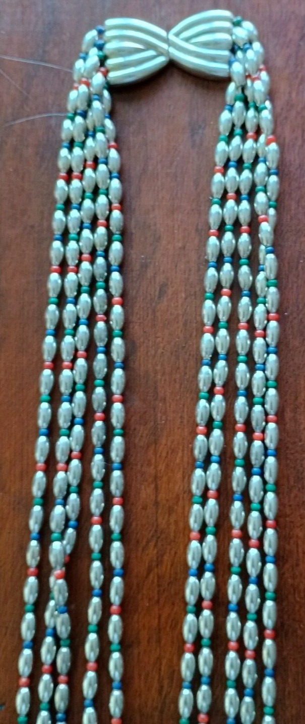 4.9 OZ. STERLING SILVER NECKLACE, WITH RED, GREEN, BLUE STONE BEADS, SIGNED NR