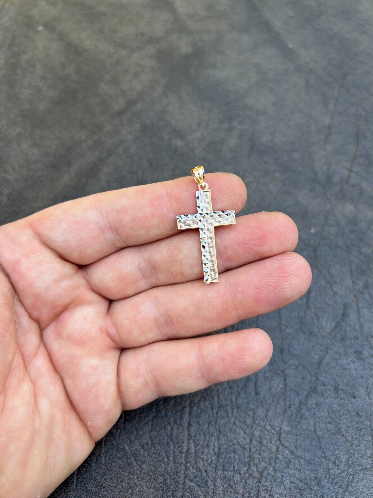 Real 14k Solid Yellow & White Diamond Cut Gold Cross Crucifix Pendant Necklace