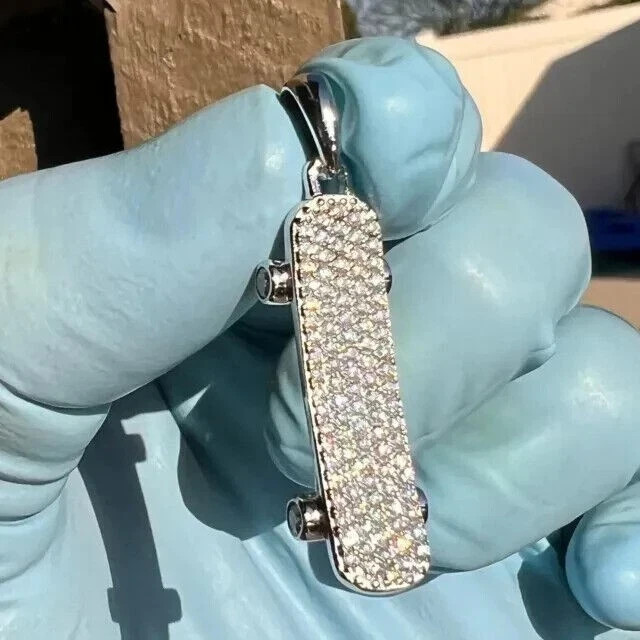 1.50 Ct Round Cut Lab Created Diamond Skateboard Pendant 14K White Gold Plated