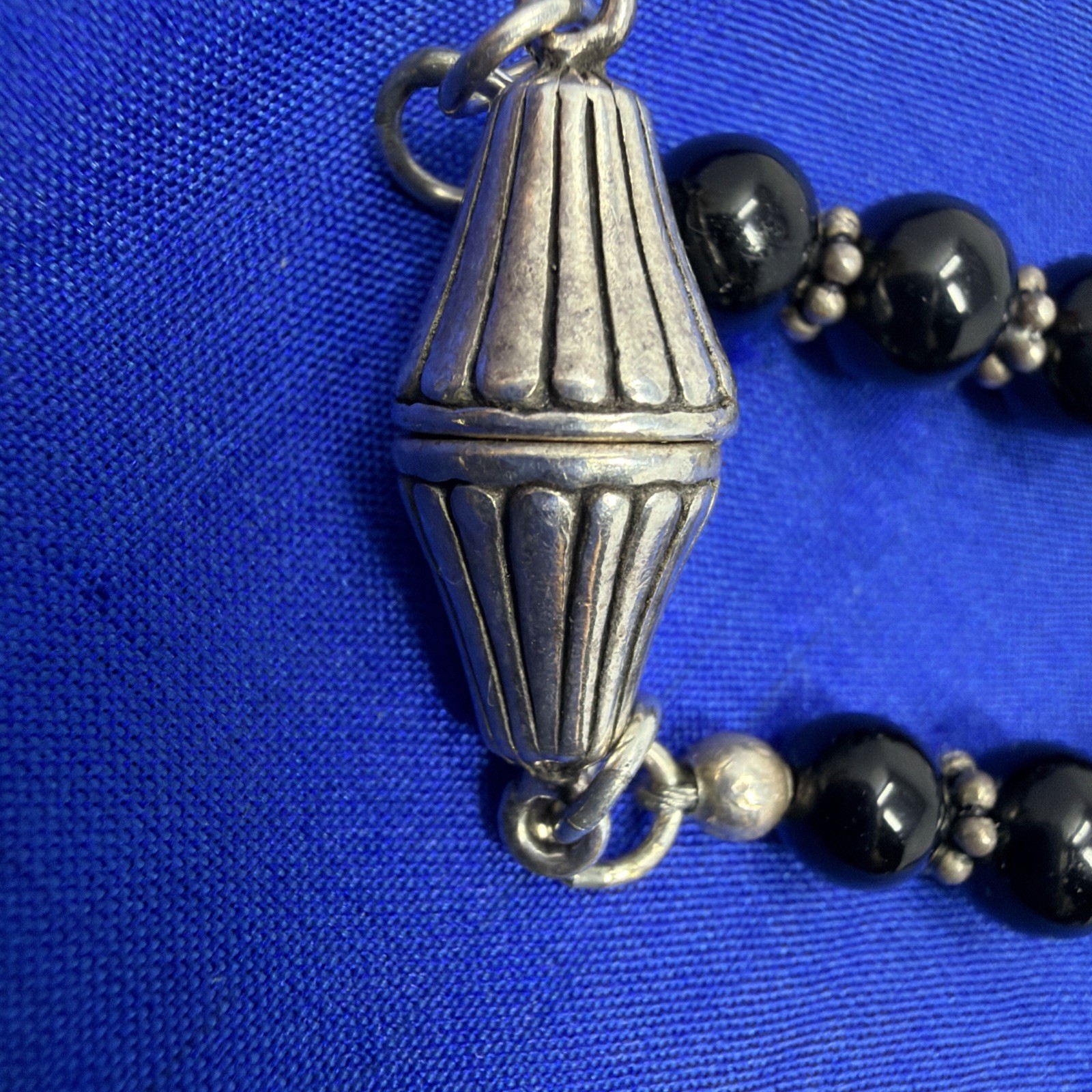 Sterling Silver 925 Black Onyx Beaded Bali Bead Necklace Large Pendant 17” 82.3g