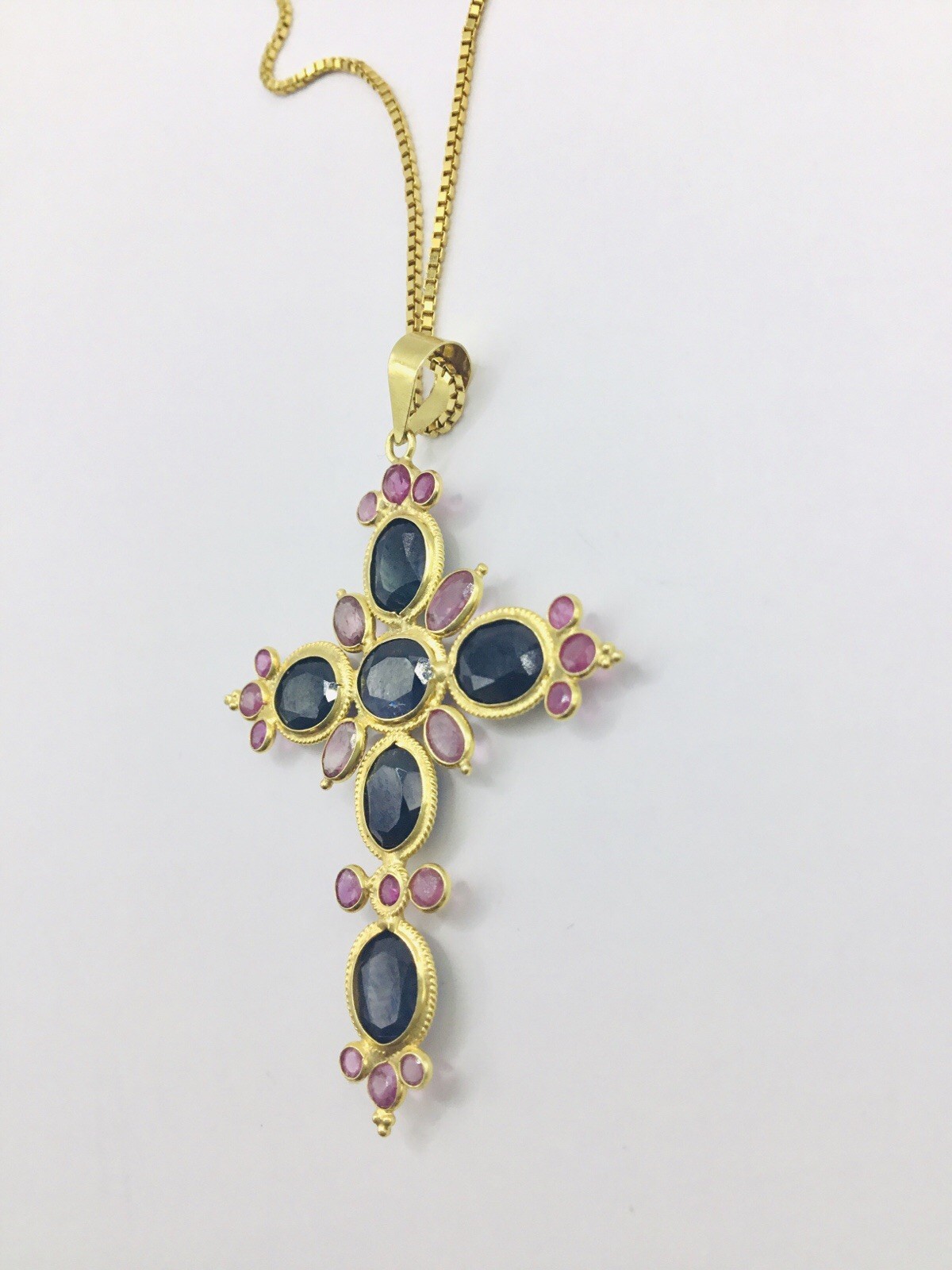 18k Yellow Gold Sapphire & Ruby Cross Pendant Necklace, Box Chain 18in + 1.75in