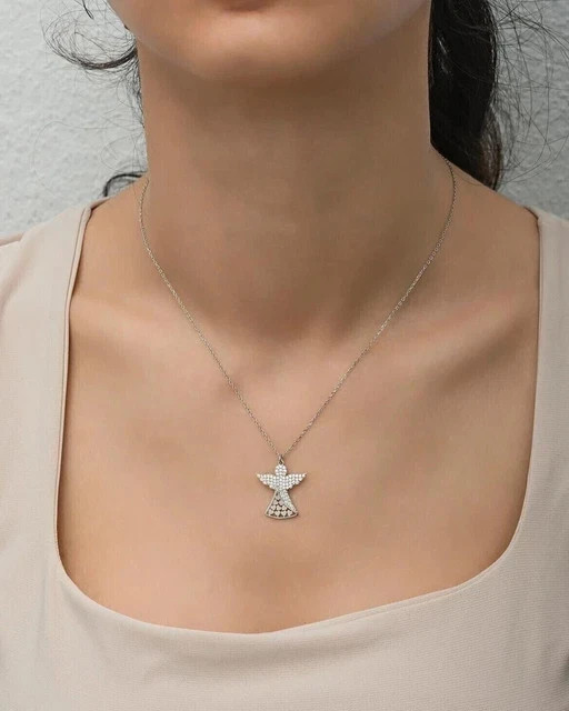 1.2 Ct Round Cut Real Moissanite Angel Wings Pendant 14K White Gold Plated