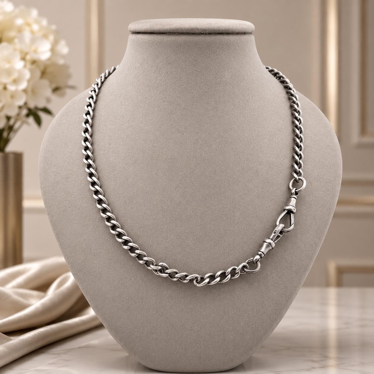 Antique Silver 19.5″ Curb Cuban Link Watch Chain Necklace w/ 2 Dog Clip